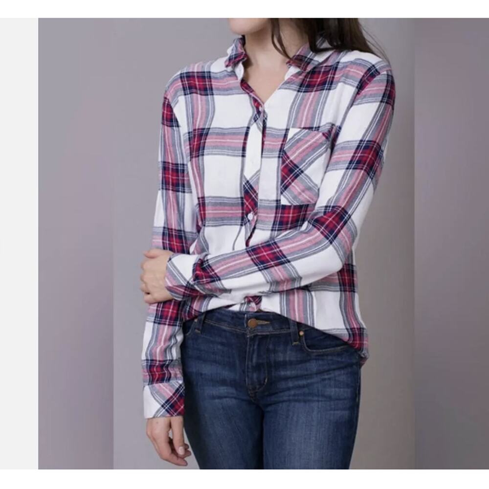 RAILS Hunter Plaid Button Down Flannel Shirt White Rose Navy Classic Size Small